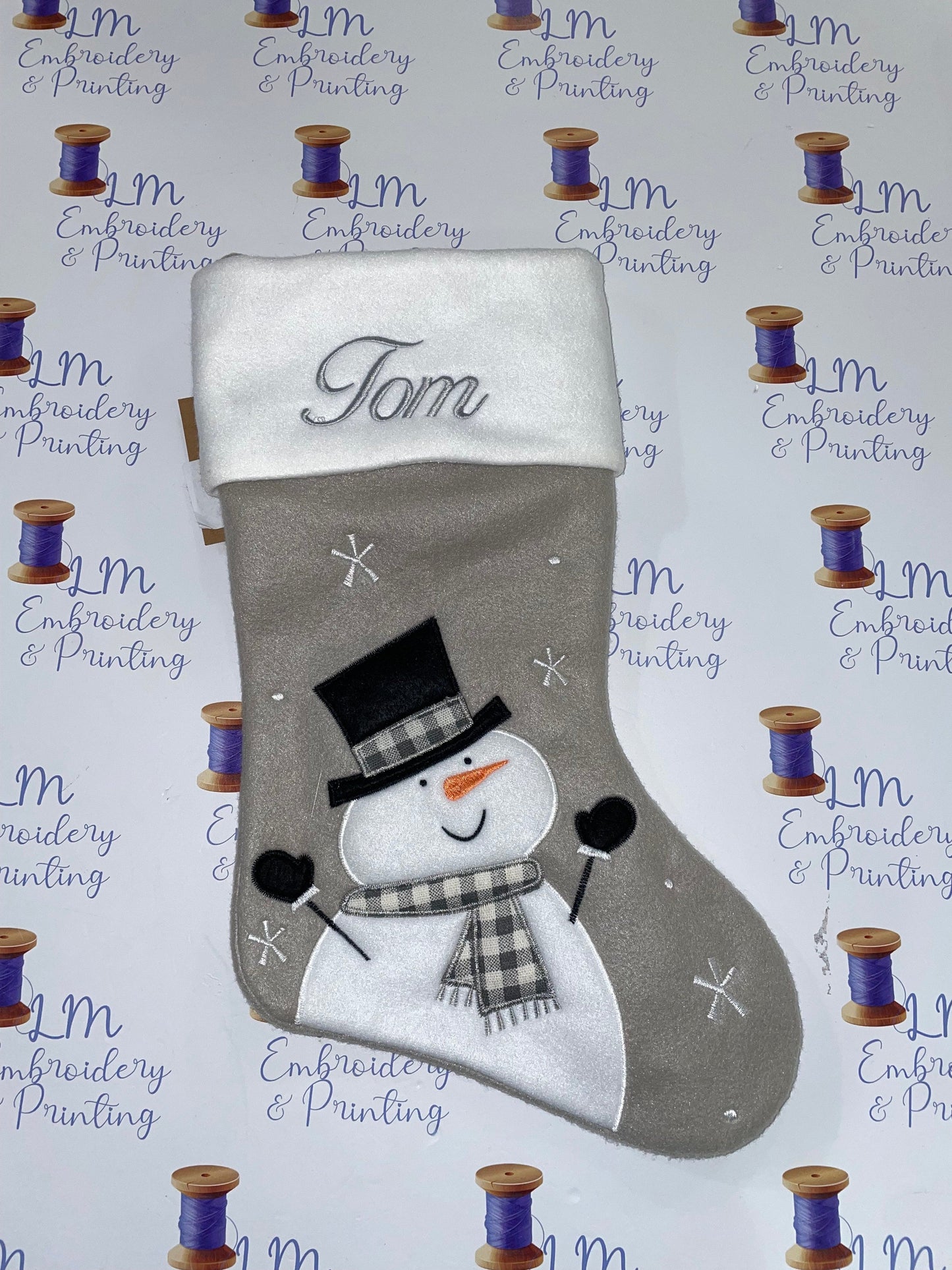 DELUXE PLUSH LIGHT GREY SNOWMAN STOCKING