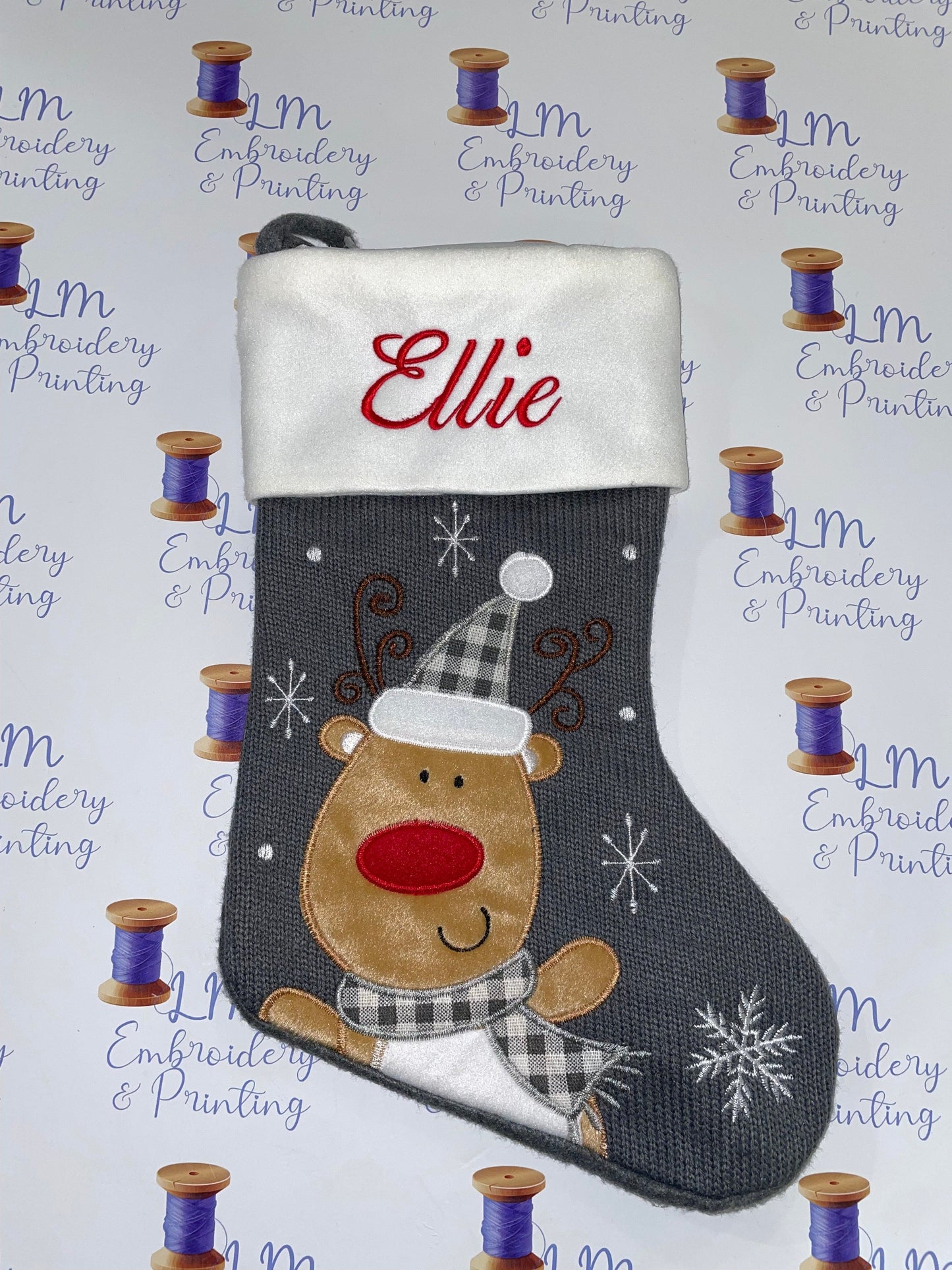 DELUXE PLUSH GREY KNITTED CUTE REINDEER STOCKING