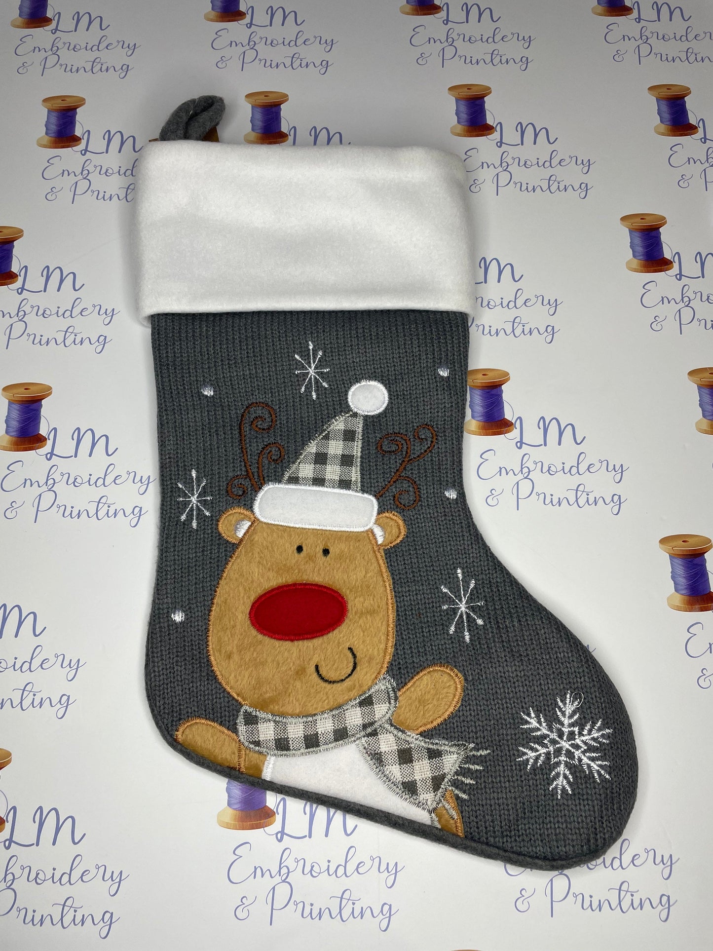 DELUXE PLUSH GREY KNITTED CUTE REINDEER STOCKING