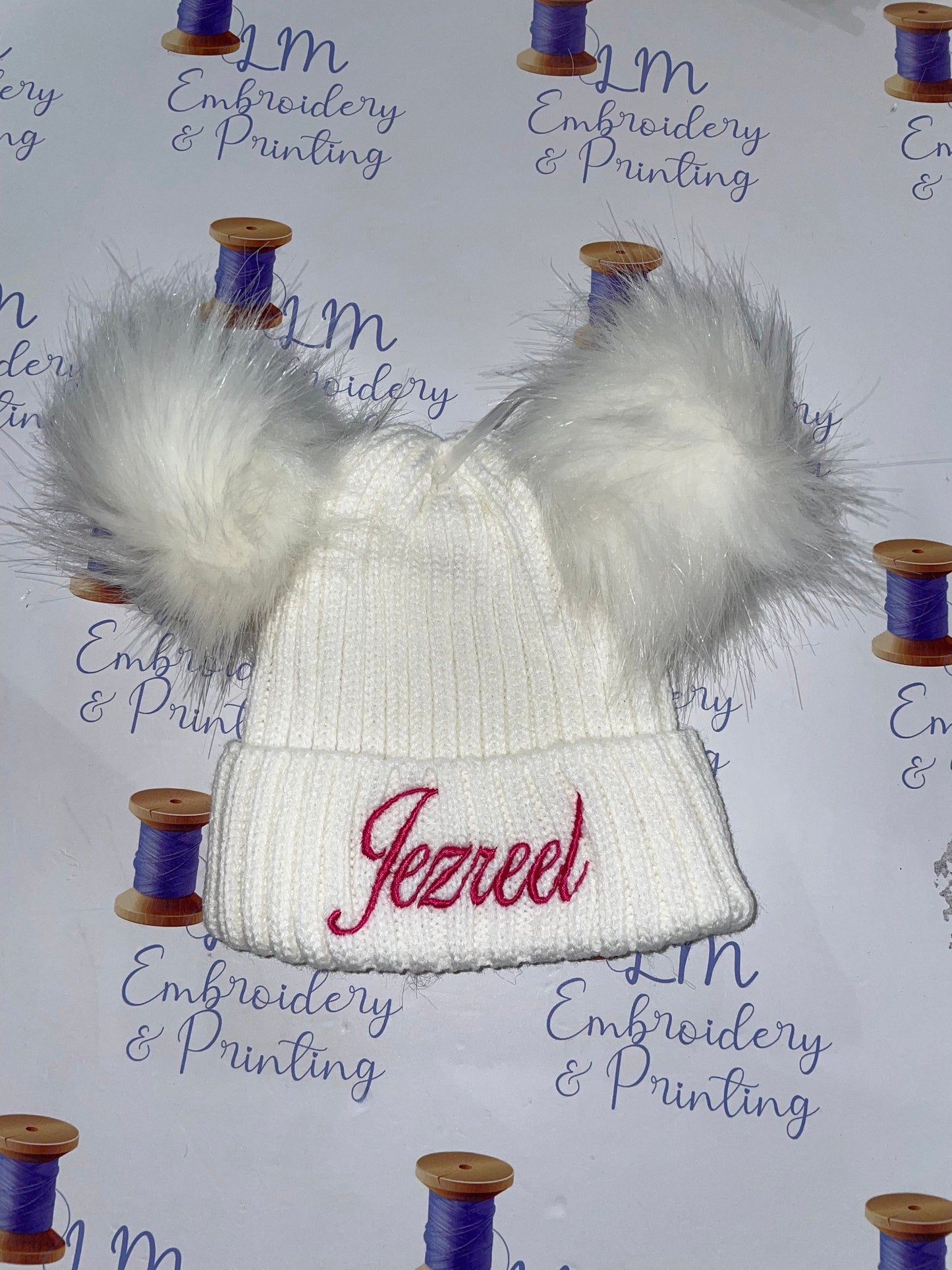 White double pom pom knitted beanie