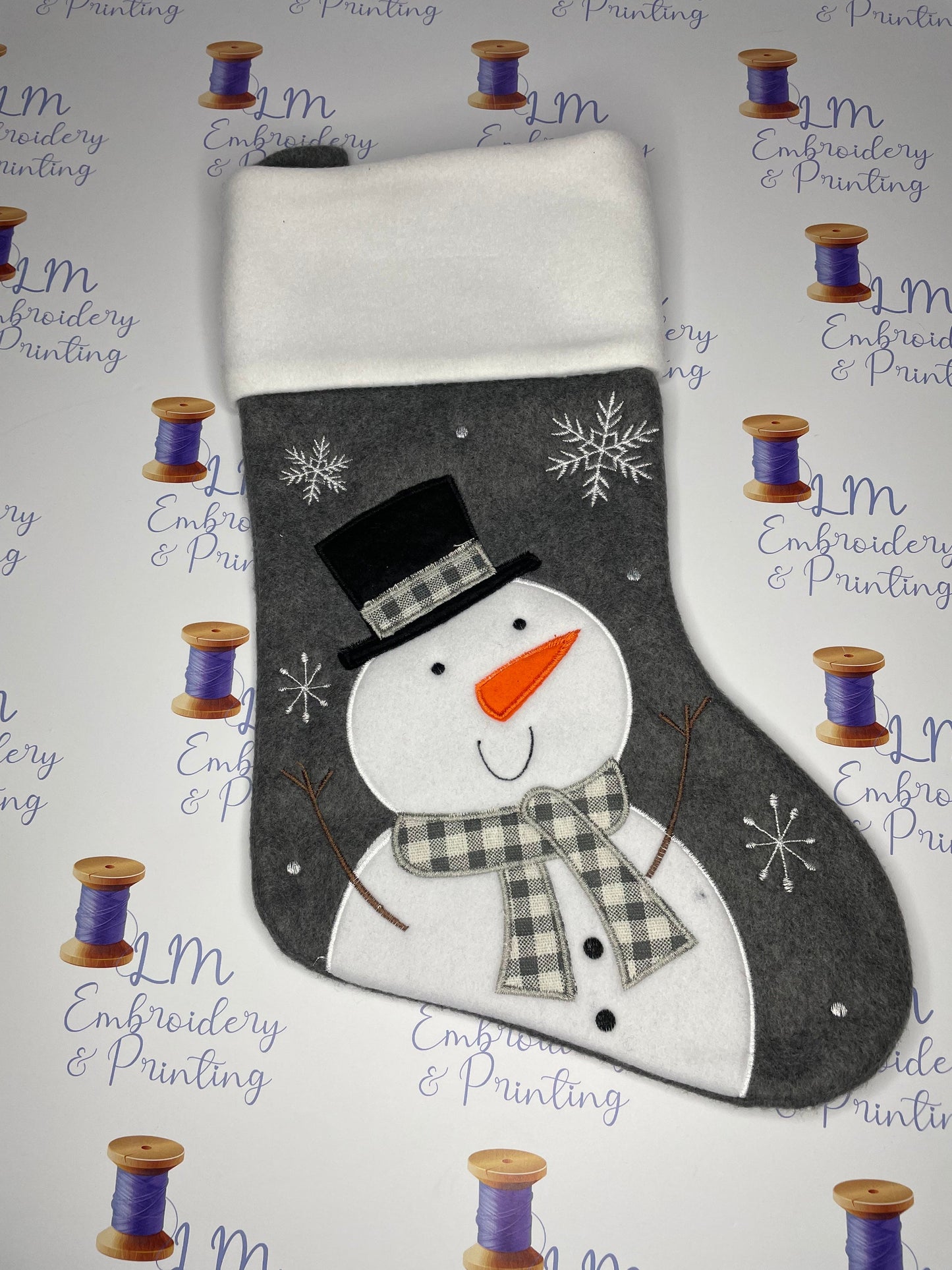 PLUSH GREY SNOWMAN STOCKING