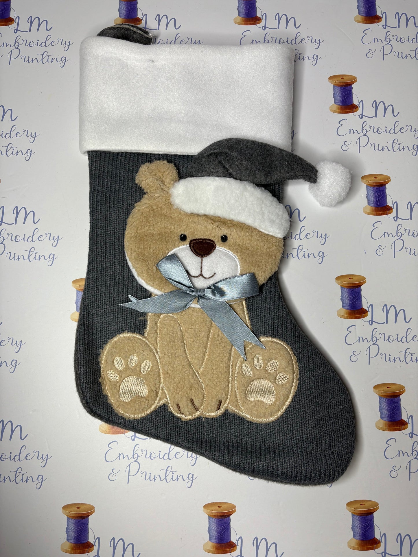 DELUXE PLUSH GREY KNITTED TEDDY STOCKING