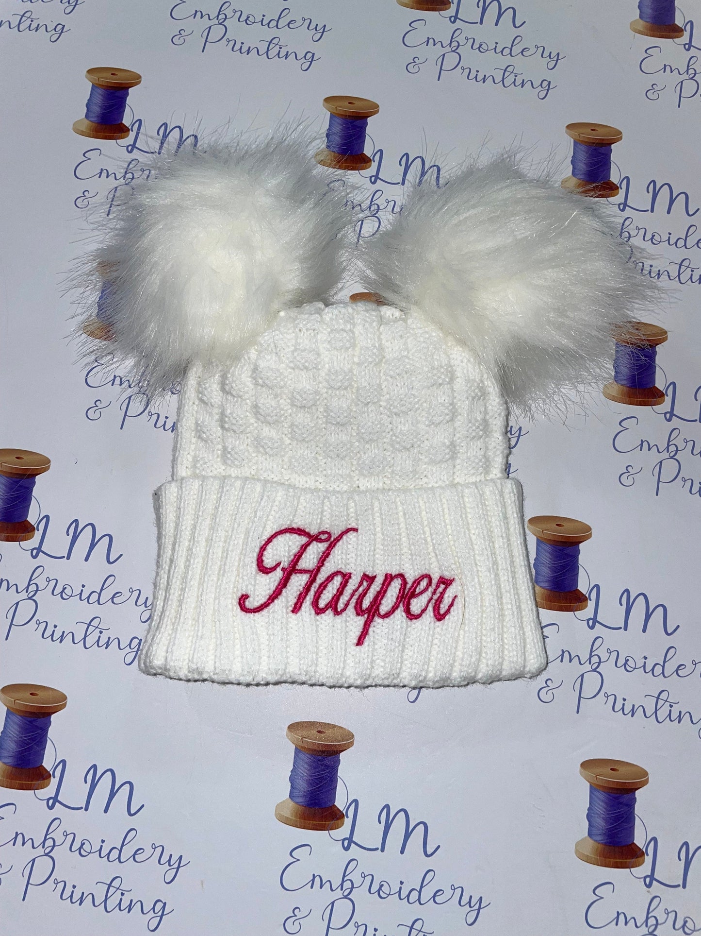 White double pom pom knitted beanie
