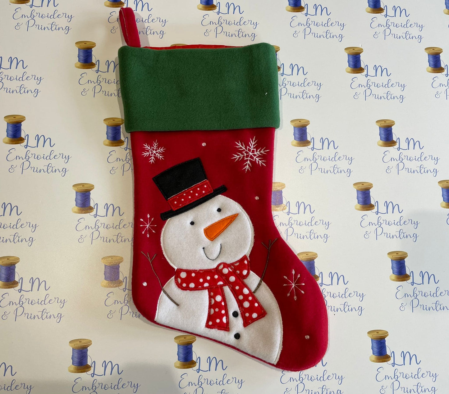 DELUXE PLUSH RED GREEN TOP CUTE SNOWMAN STOCKING