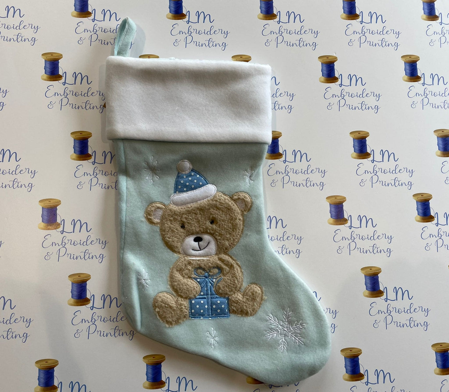 DELUXE PLUSH BLUE TEDDY STOCKING