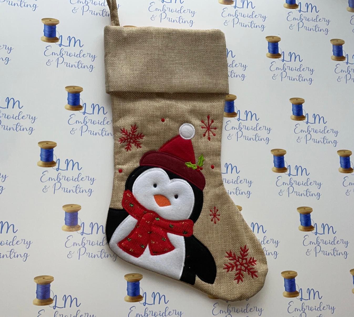 DELUXE PLUSH HESSIAN CUTE PENGUIN STOCKINGj