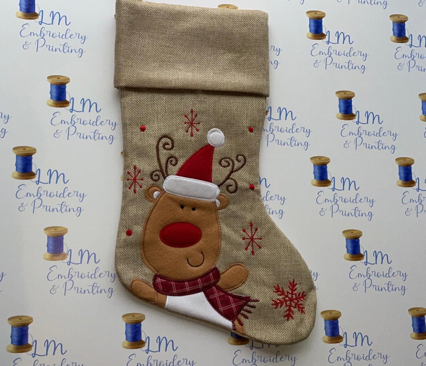 DELUXE PLUSH HESSIAN CUTE REINDEER STOCKING