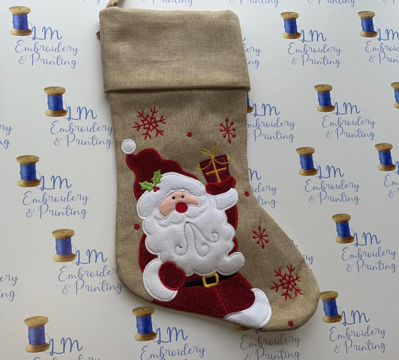 DELUXE PLUSH HESSIAN CUTE GILTTER SANTA STOCKING
