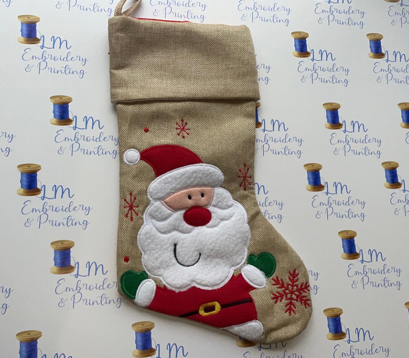 DELUXE PLUSH HESSIAN CUTE FLUFFY SANTA STOCKING