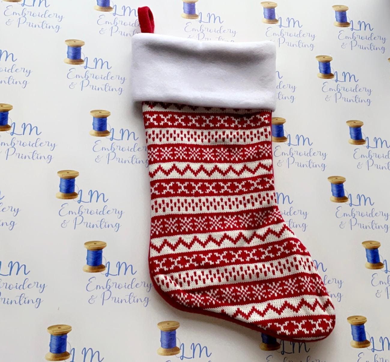 DELUXE PLUSH KNITTED RED AND WHITE PATTERN STOCKING