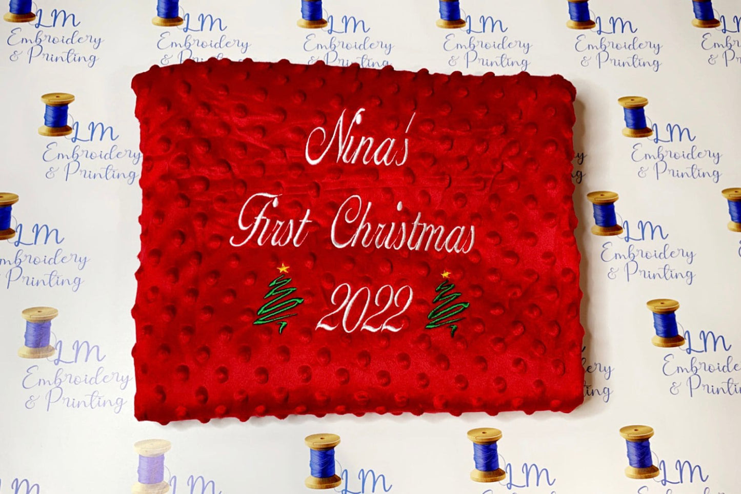 Red Baby's First Christmas Blanket with Name Embroidered