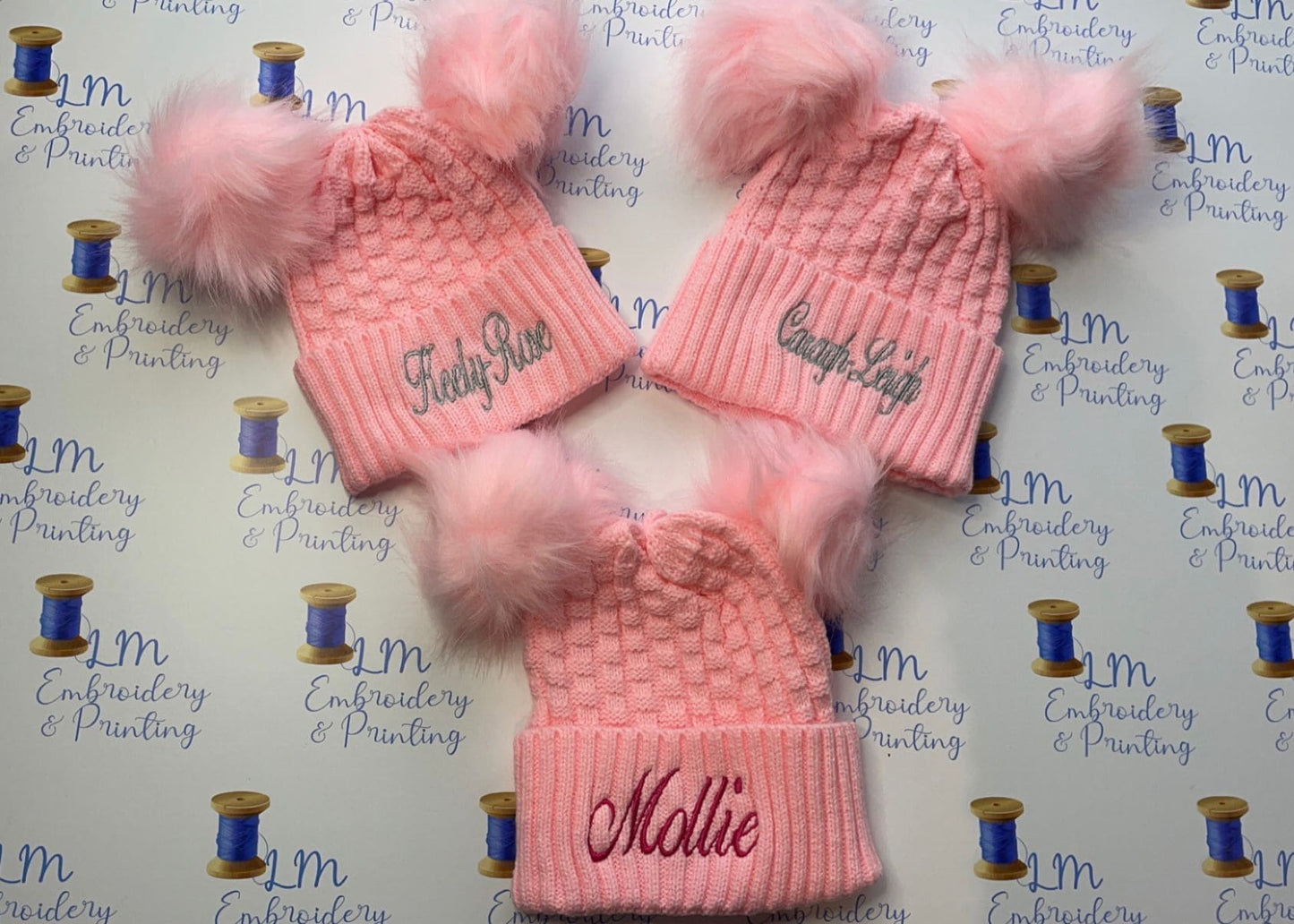 Pink double pom pom knitted beanie