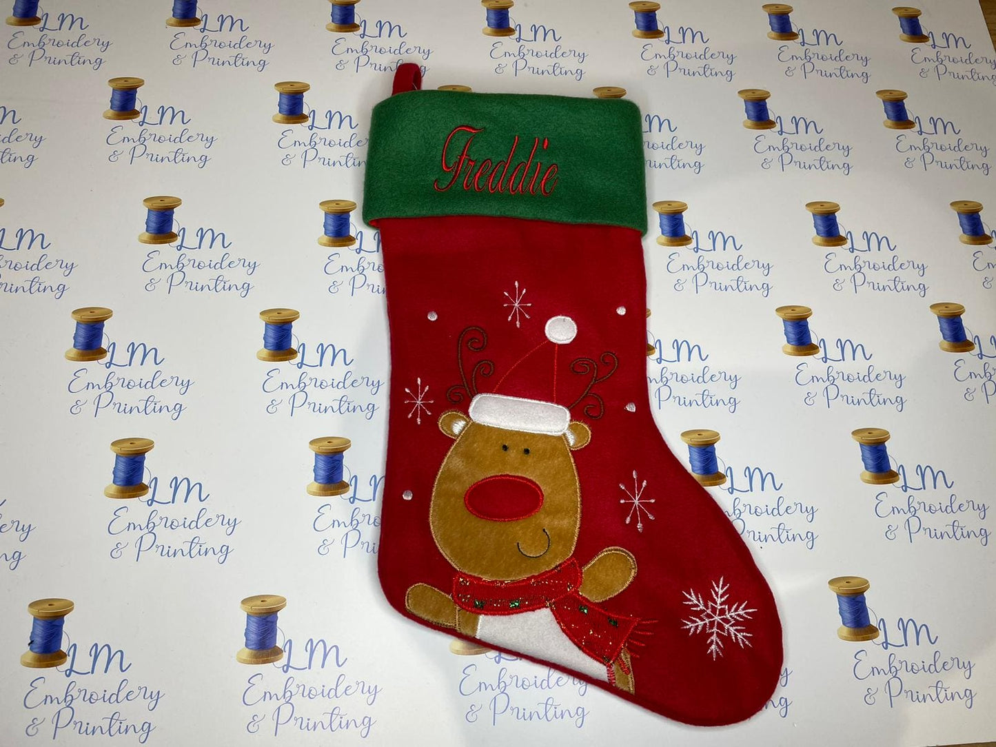 DELUXE PLUSH RED GREEN TOP CUTE REINDEER STOCKING