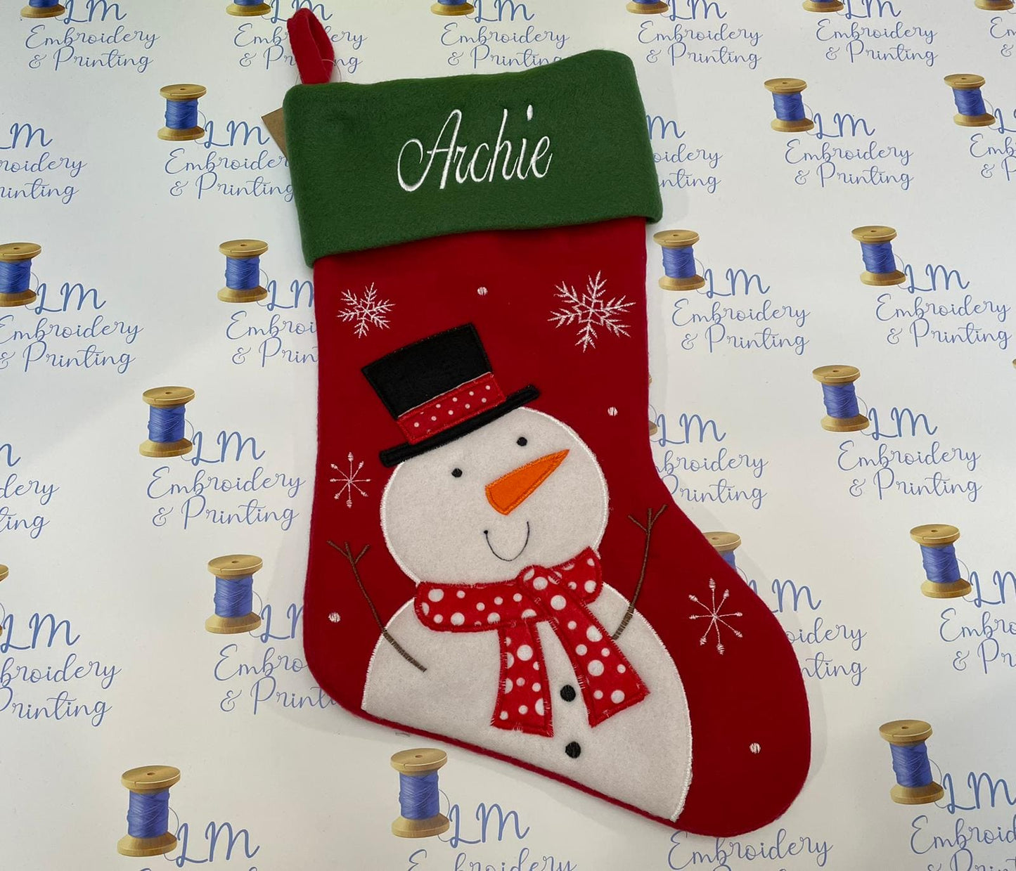 DELUXE PLUSH RED GREEN TOP CUTE SNOWMAN STOCKING