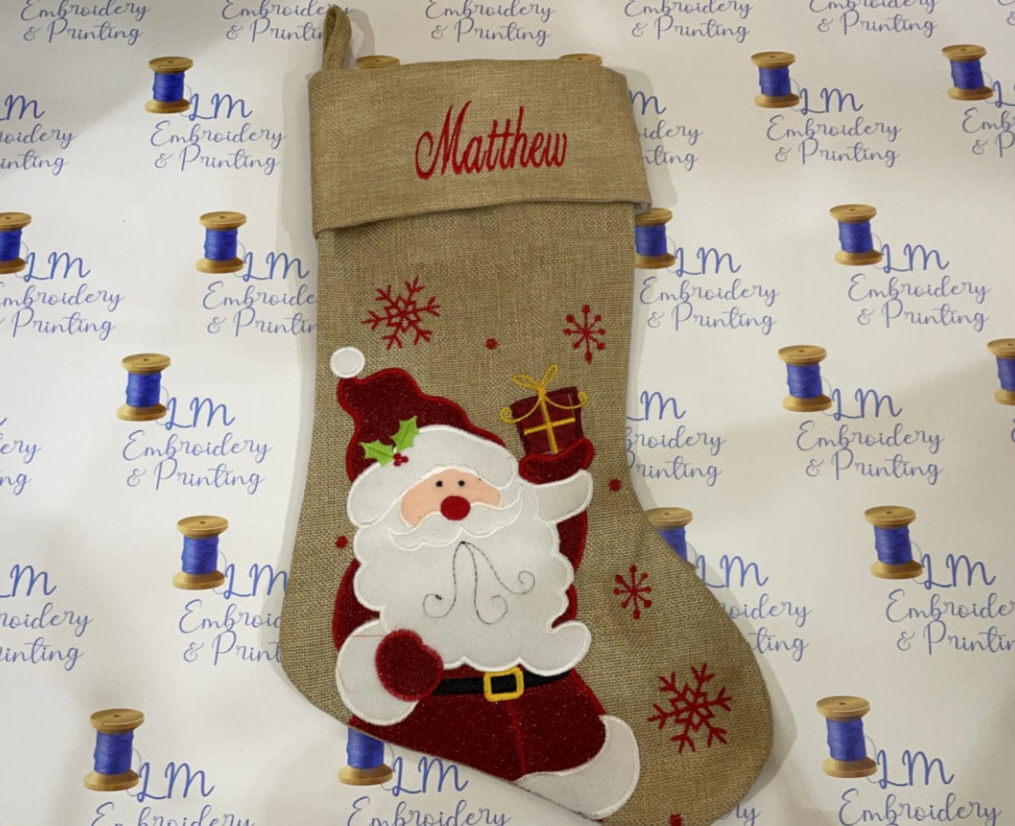 DELUXE PLUSH HESSIAN CUTE GILTTER SANTA STOCKING