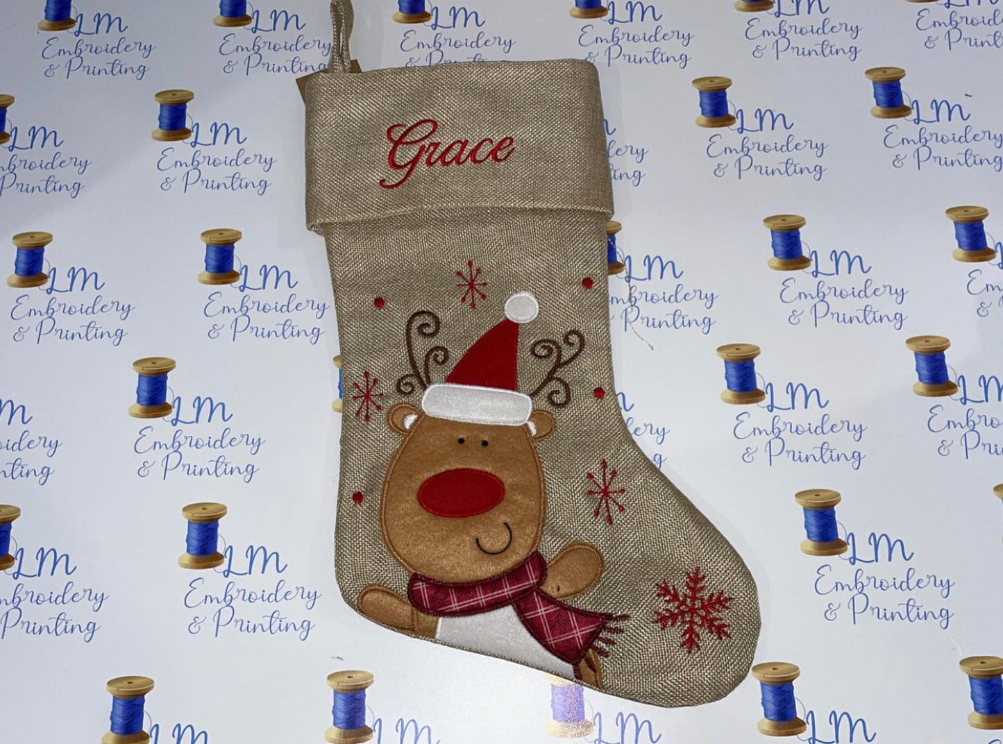 DELUXE PLUSH HESSIAN CUTE REINDEER STOCKING