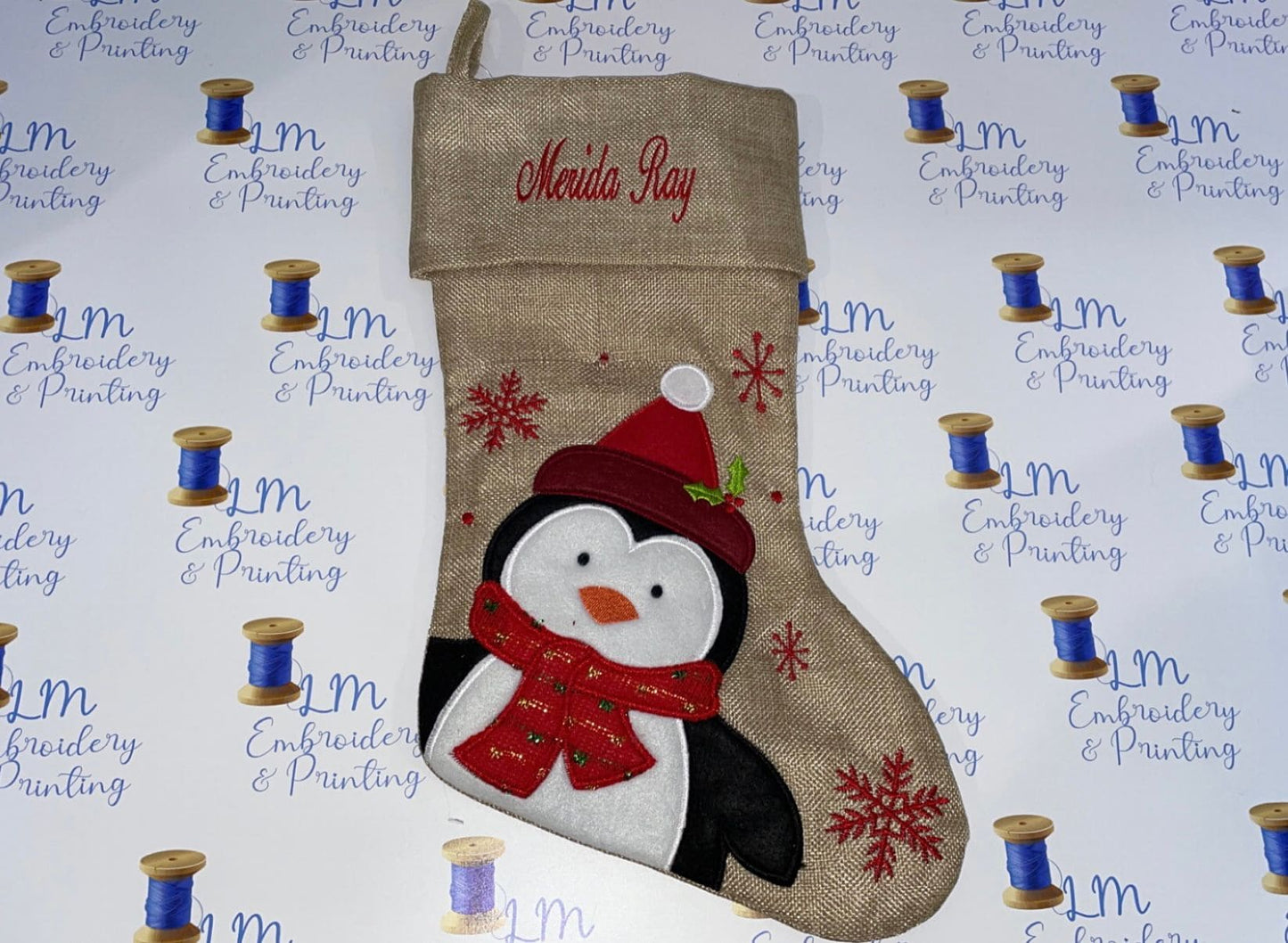 DELUXE PLUSH HESSIAN CUTE PENGUIN STOCKINGj