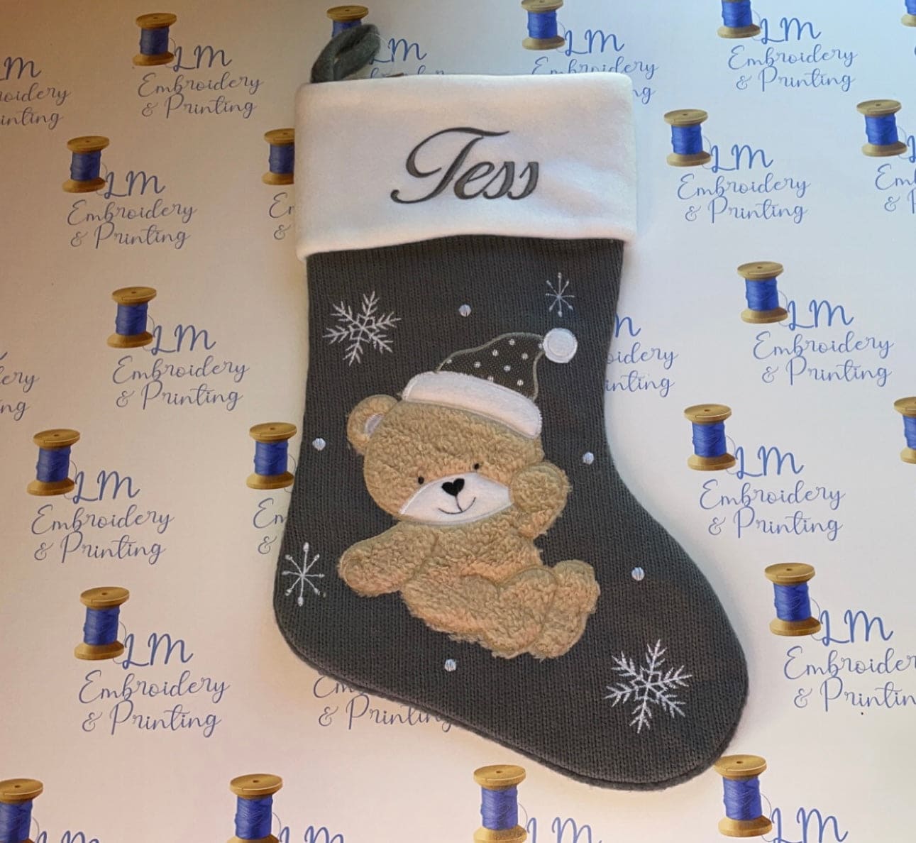 DELUXE PLUSH GREY KNITTED TEDDY STOCKING