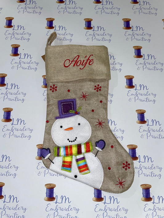 DELUXE PLUSH HESSIAN CUTE SNOWMAN STOCKING