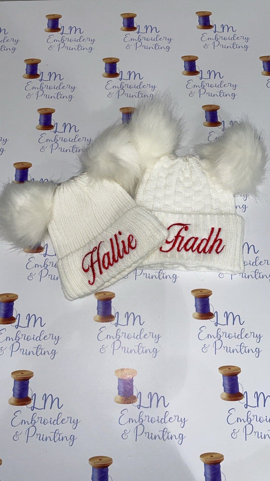 White double pom pom knitted beanie