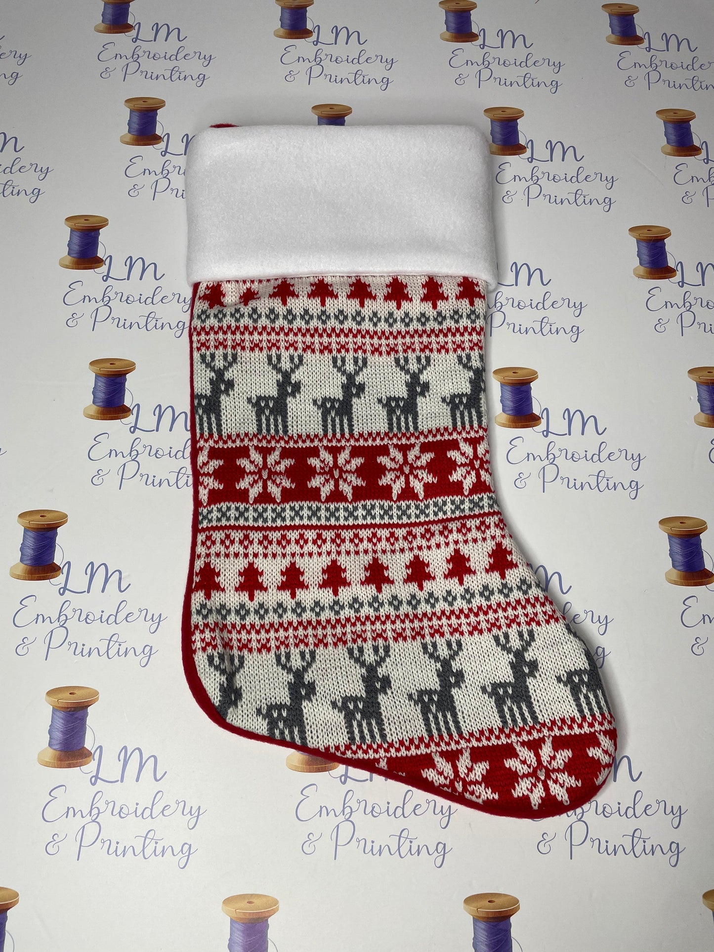 DELUXE PLUSH KNITTED GREY AND RED PATTERN STOCKING