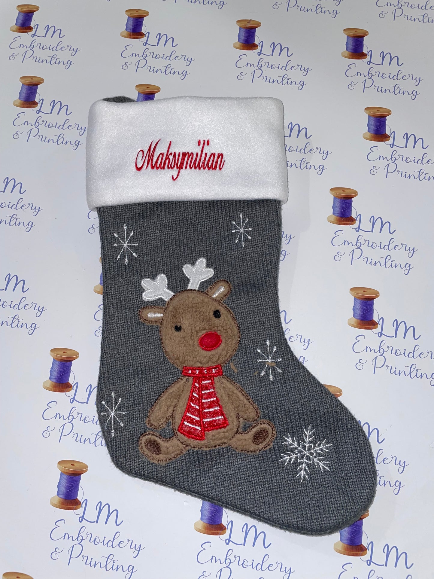 DELUXE PLUSH GREY KNITTED BROWN CUTE REINDEER STOCKING