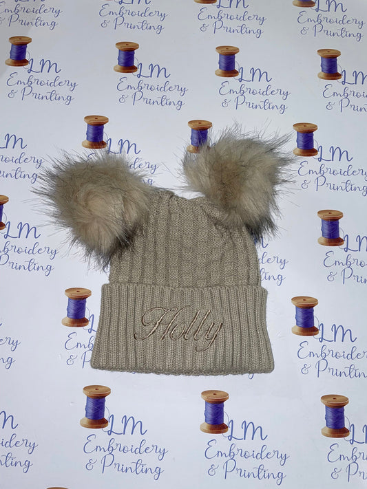 Biscuit double pom pom knitted beanie