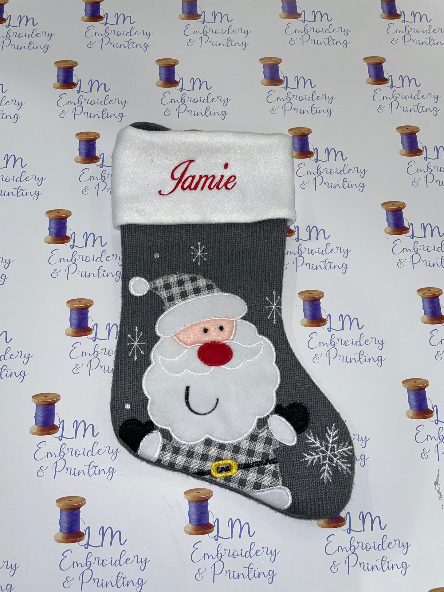 DELUXE PLUSH GREY KNITTED TARTAN SANTA STOCKING