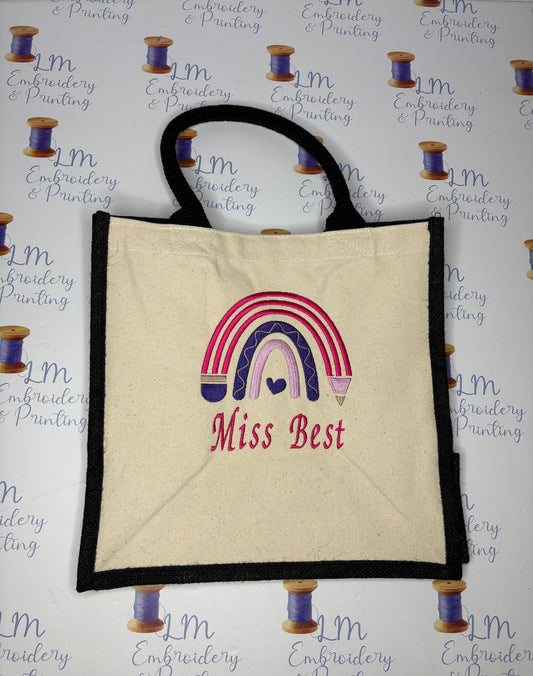 Teacher Rainbow pencil Personalised Midi jute tote bag