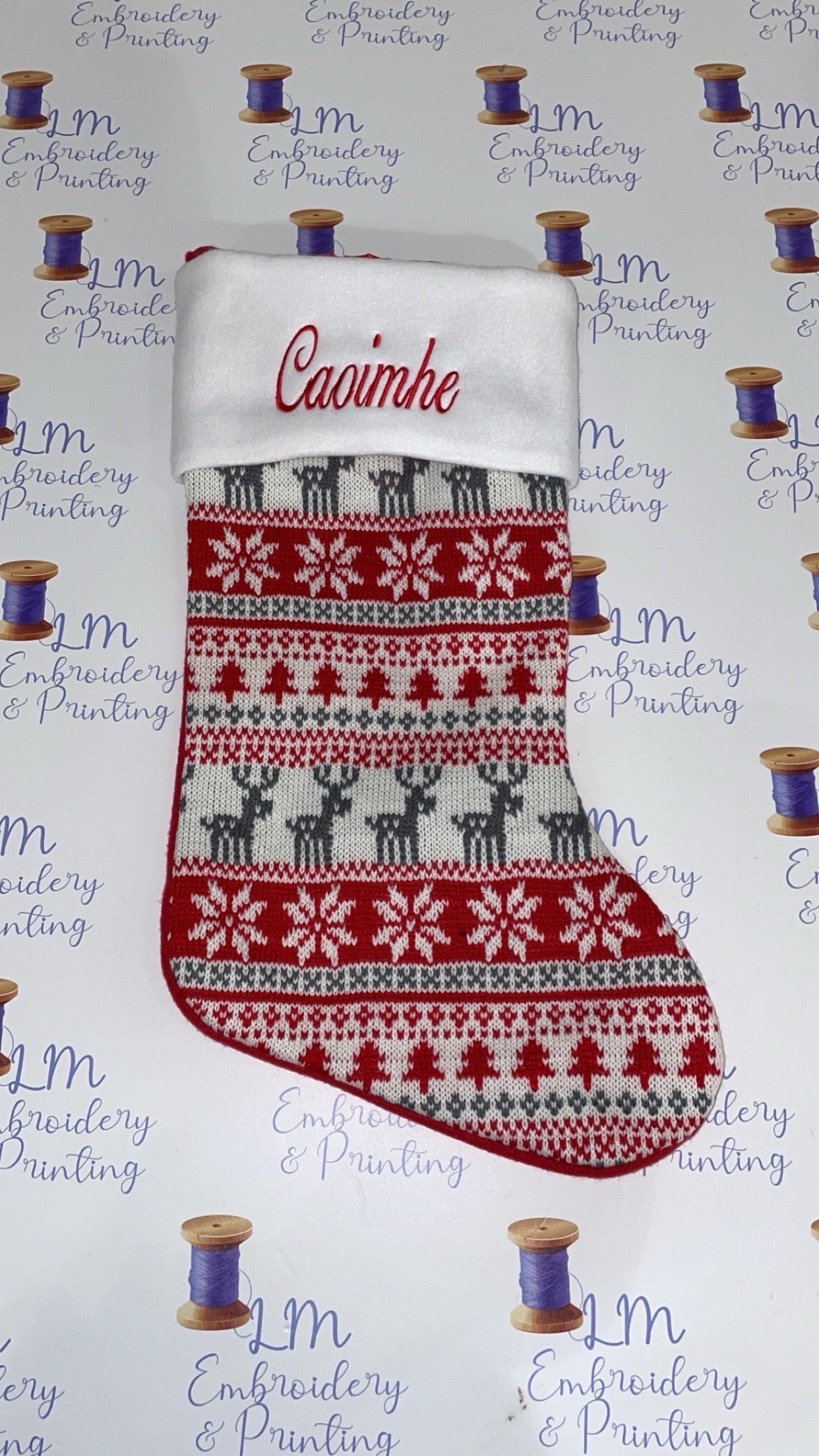 DELUXE PLUSH KNITTED GREY AND RED PATTERN STOCKING