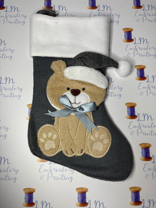 DELUXE PLUSH GREY KNITTED TEDDY STOCKING