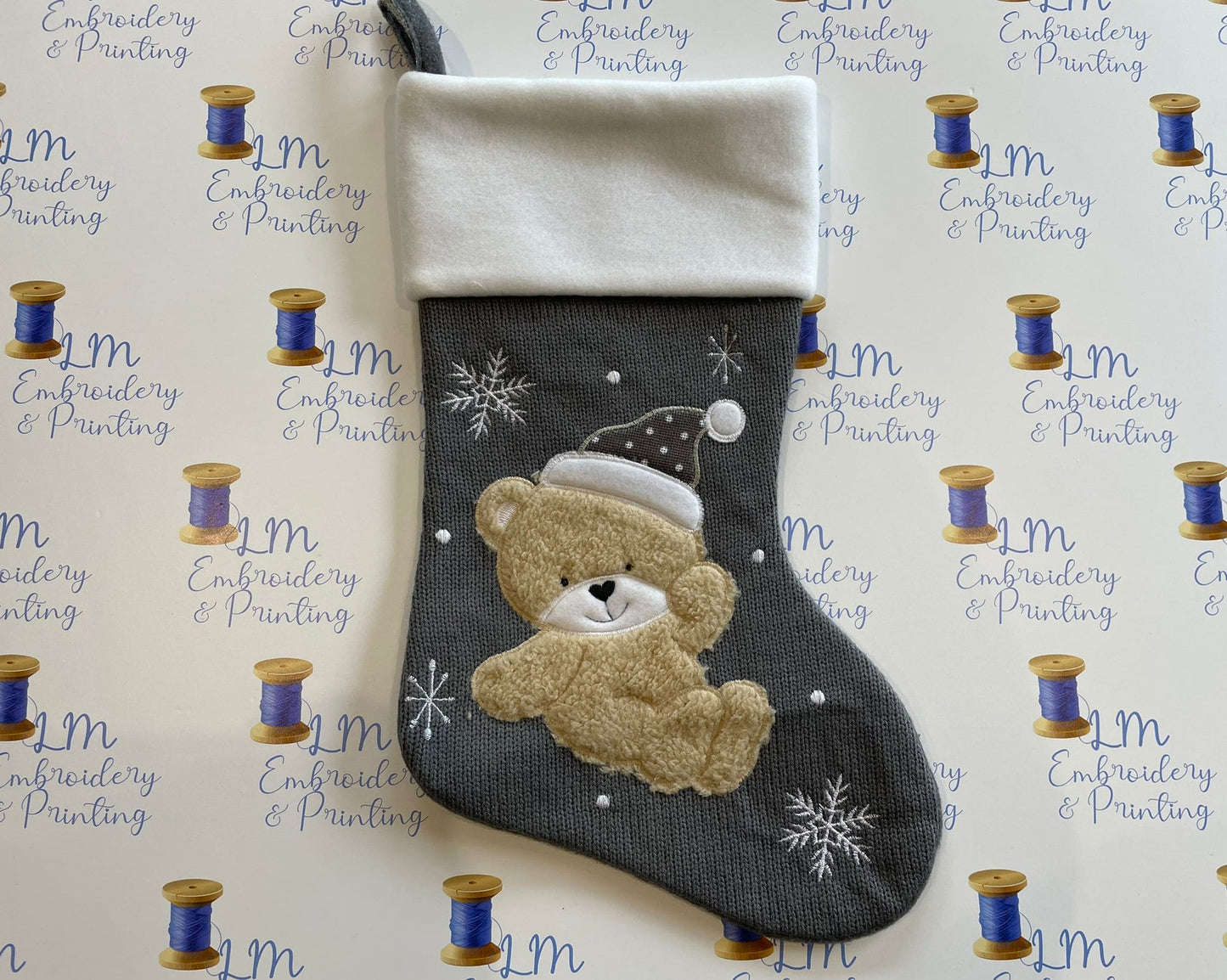 DELUXE PLUSH GREY KNITTED TEDDY STOCKING