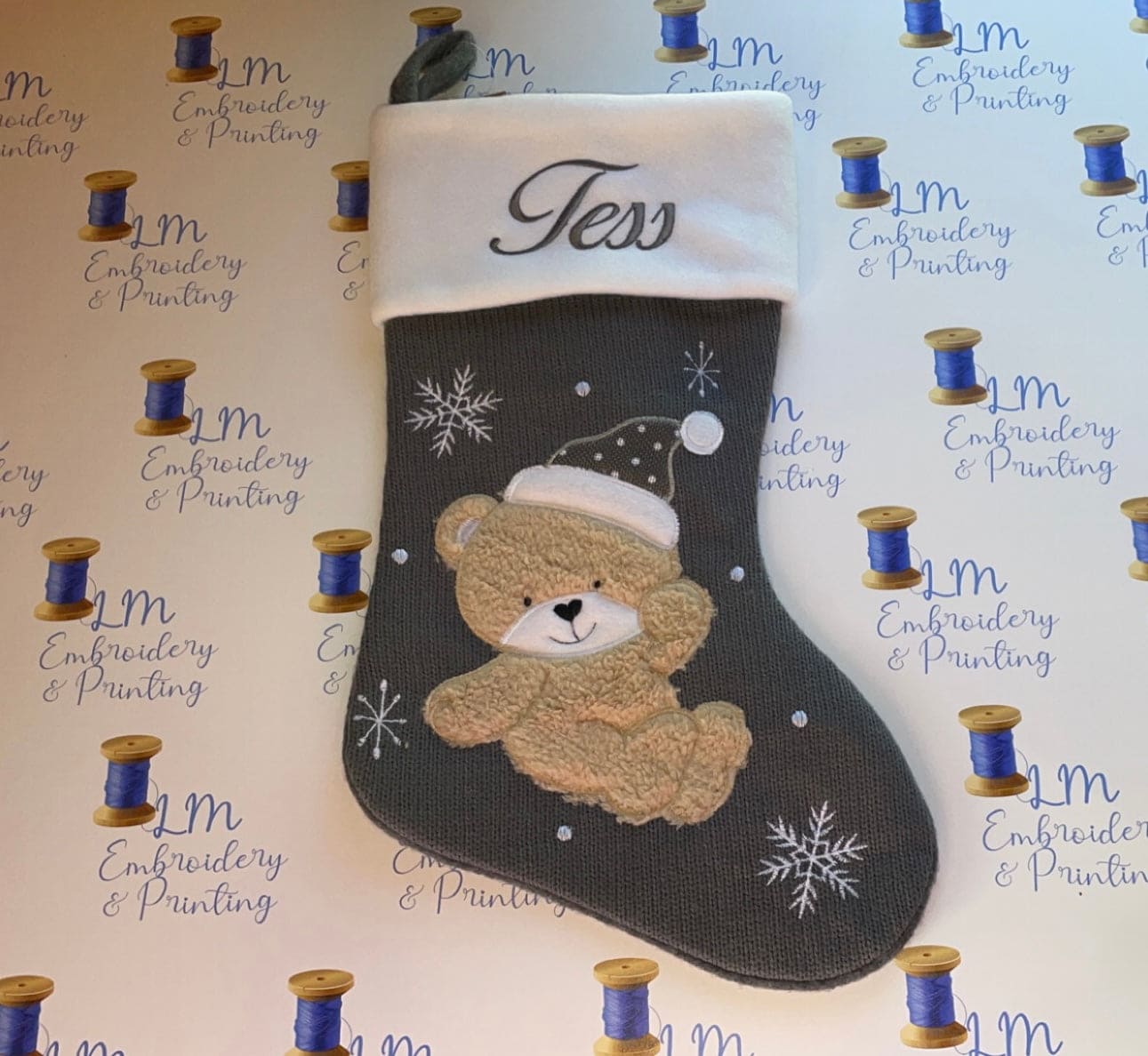 DELUXE PLUSH GREY KNITTED TEDDY STOCKING lol